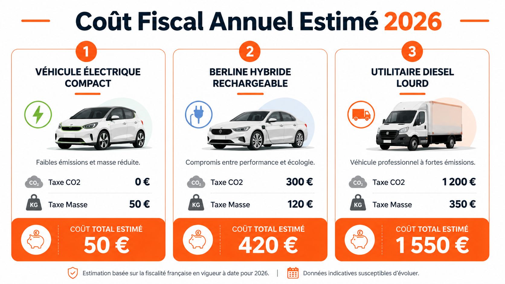Tableau comparatif des coûts fiscaux estimés pour 2026 selon trois types de véhicules automobiles en France.