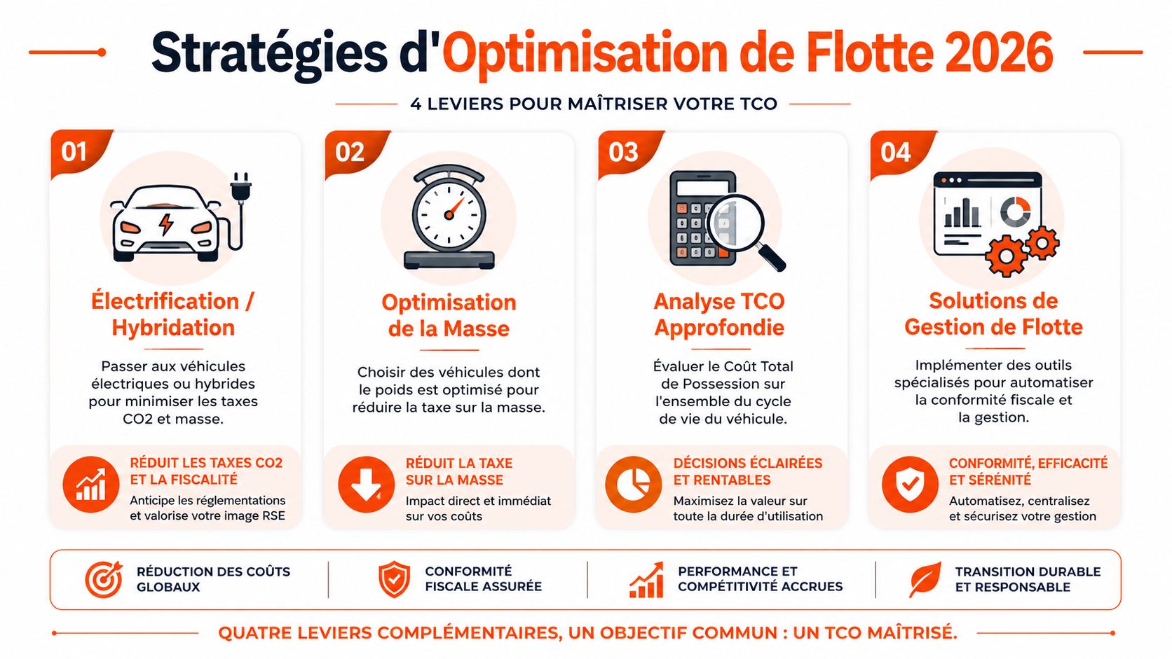 Infographie présentant quatre leviers stratégiques pour optimiser la gestion et la fiscalité d'une flotte automobile en 2026.