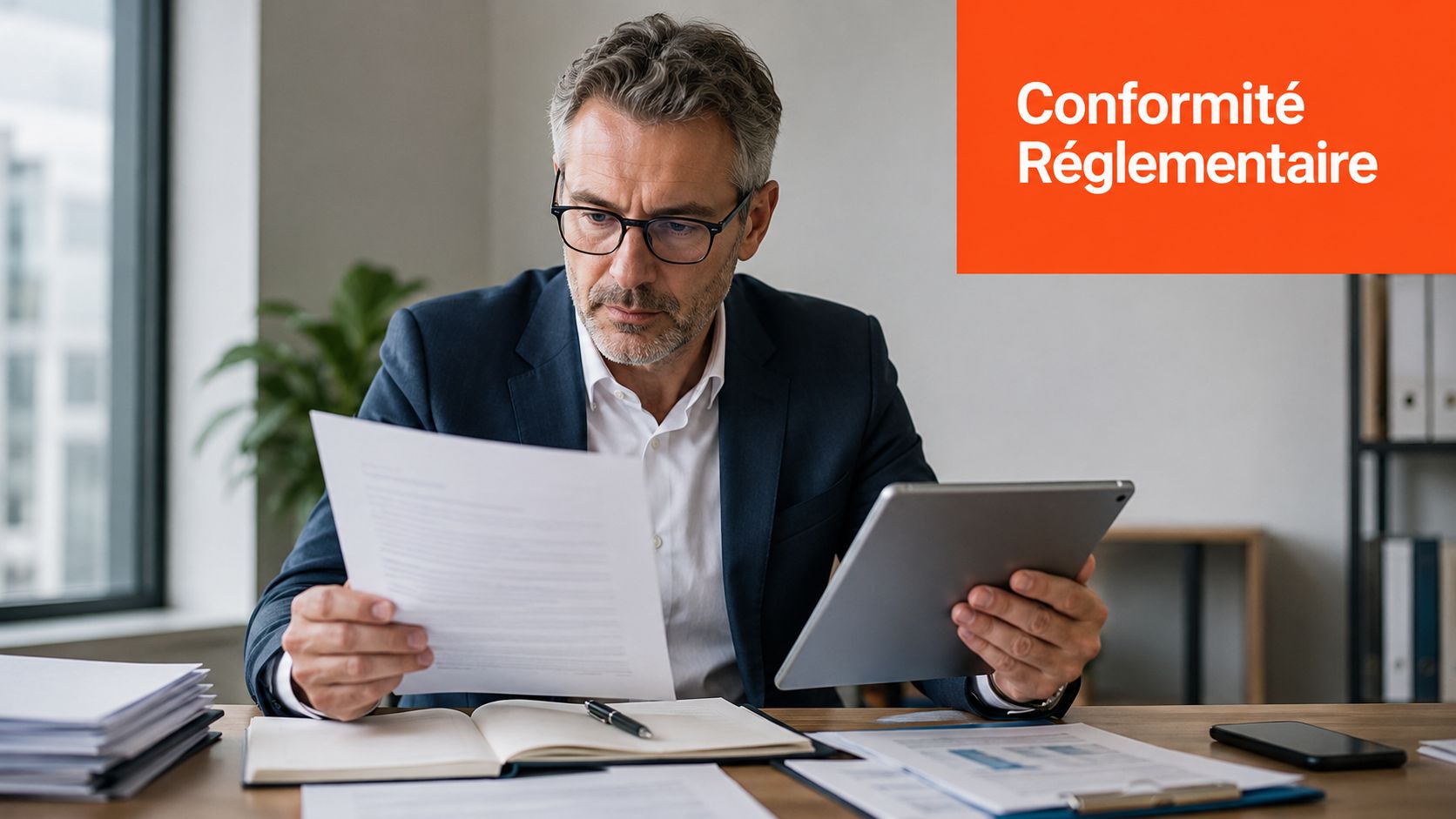 Un homme d'affaires élégant examine attentivement des documents officiels et une tablette numérique dans son bureau professionnel.