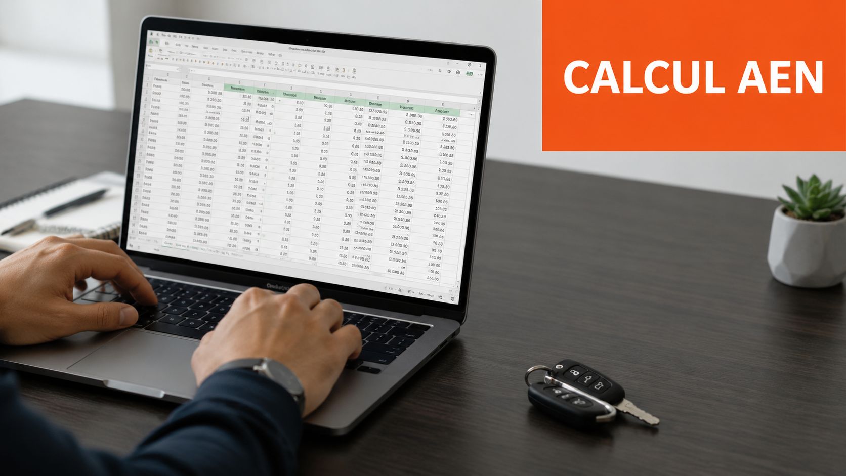 Une personne travaille sur un ordinateur portable affichant un tableau de calcul complexe sur un bureau.