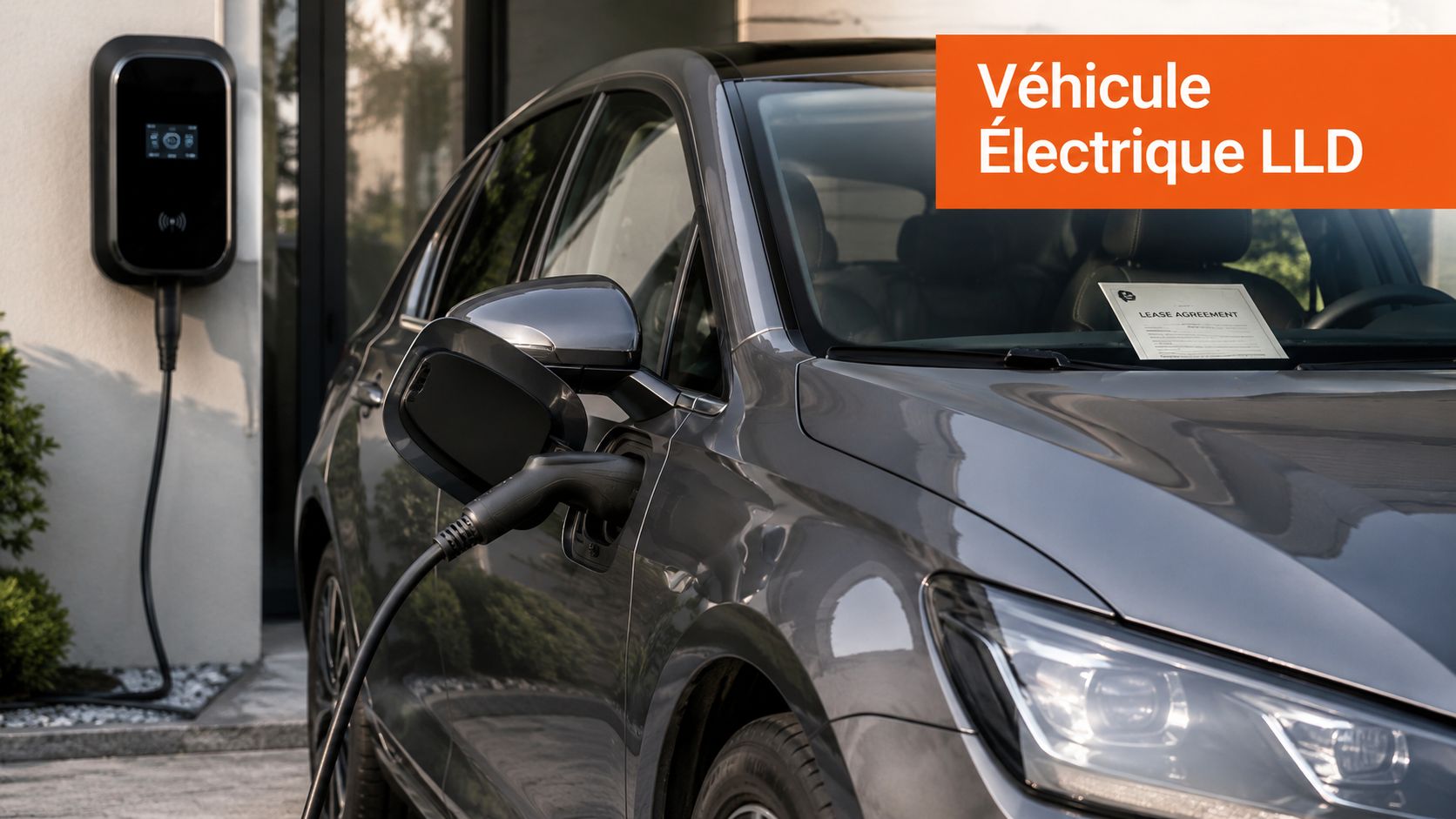 Une voiture électrique grise en cours de recharge devant une borne murale avec un contrat de location visible.