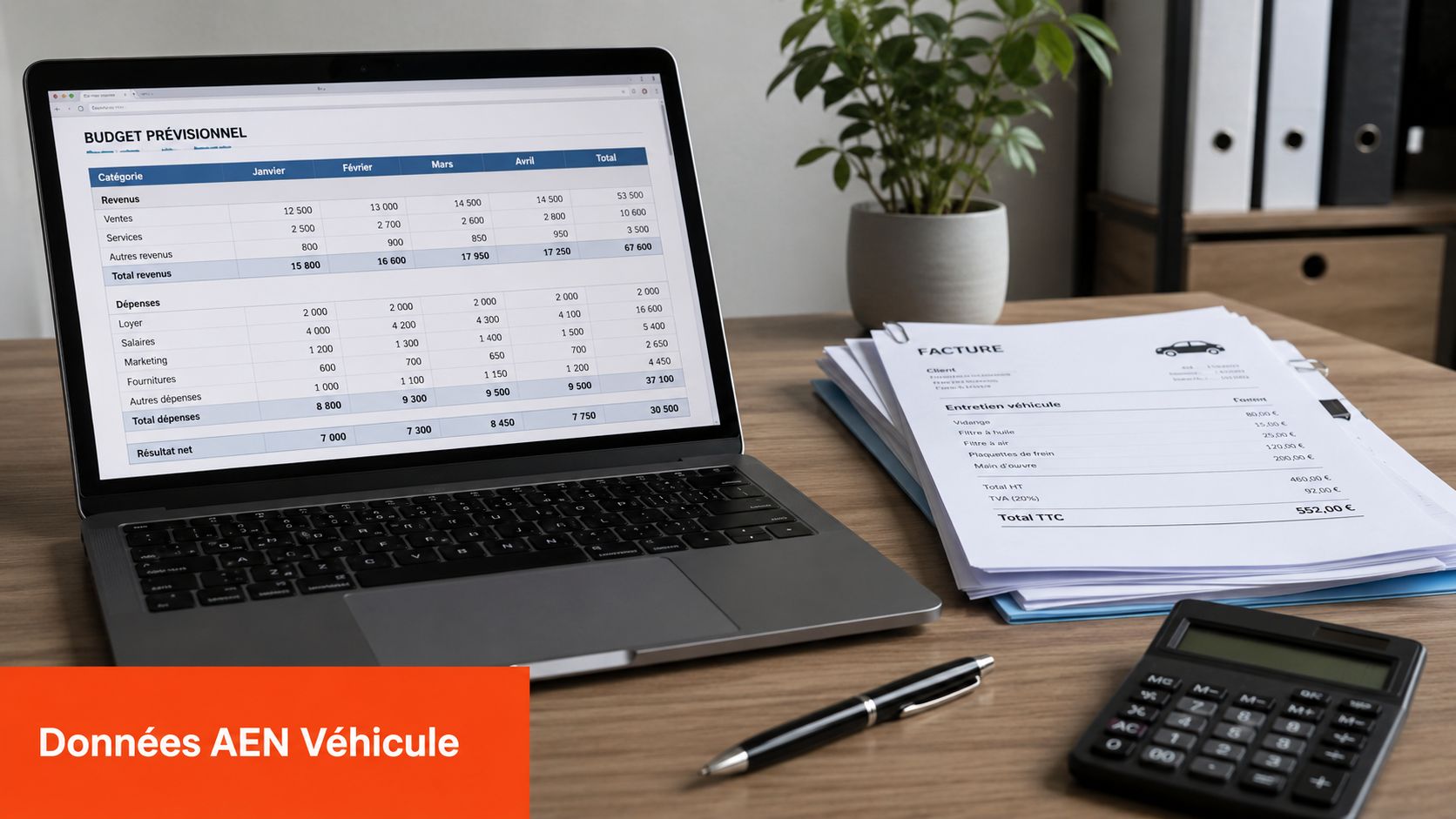 Un ordinateur portable affichant un budget prévisionnel avec une facture d'entretien de véhicule et une calculatrice sur un bureau.