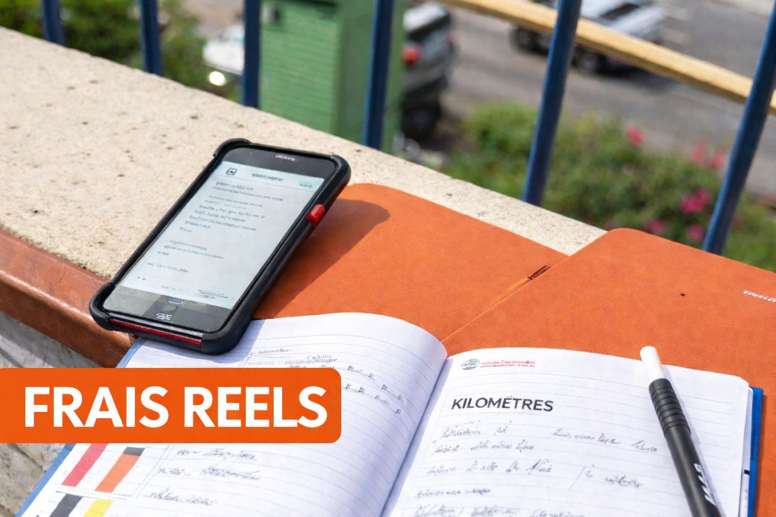 Smartphone et carnet ouverts avec des notes manuscrites et un stylo sur un rebord de balcon. La bannière indique FRAIS REELS.