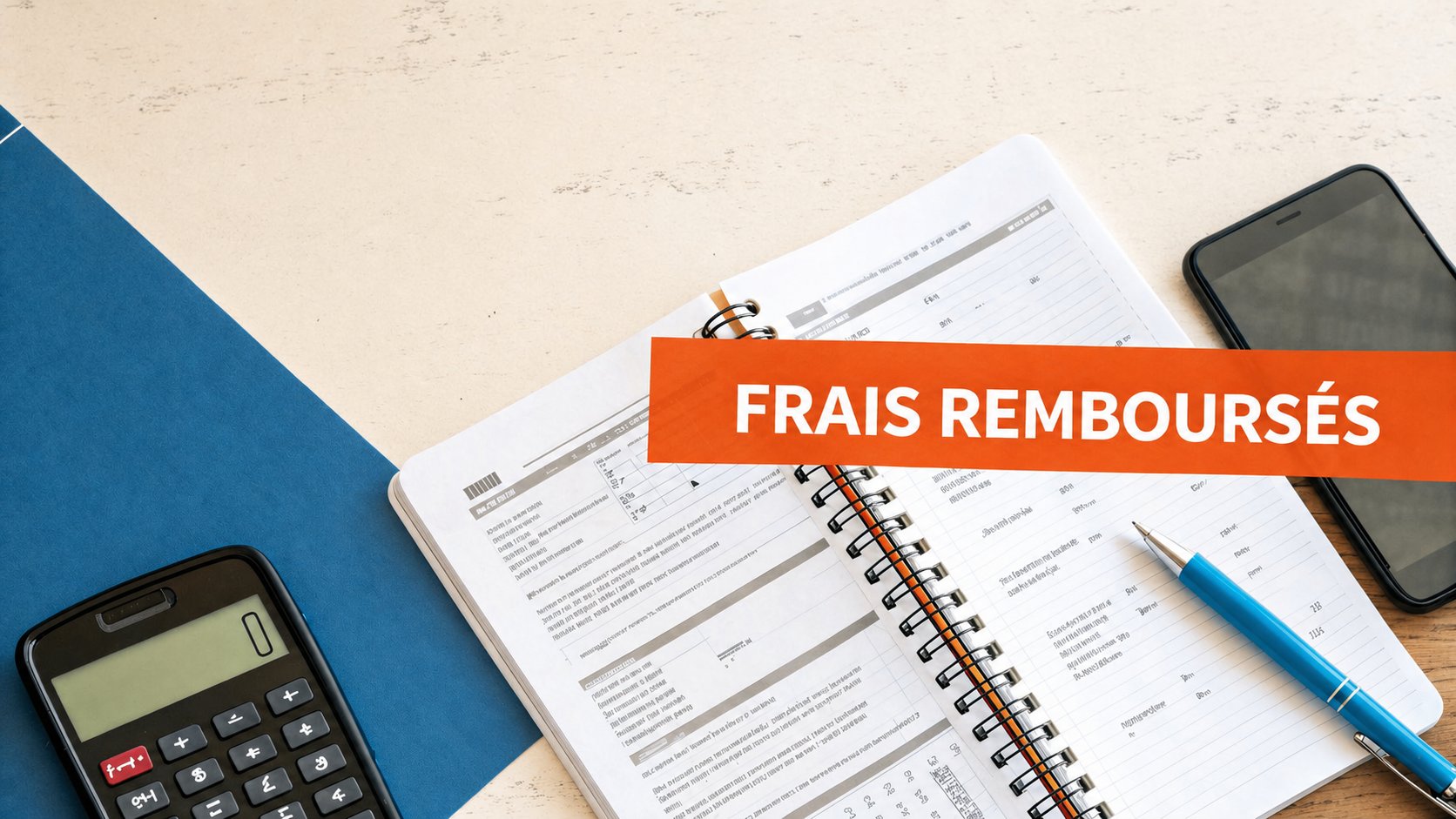 Image en vue plongeante d'un bureau avec une calculatrice, un carnet, un stylo et un téléphone. Une bannière orange affiche 'FRAIS REMBOURSÉS'.