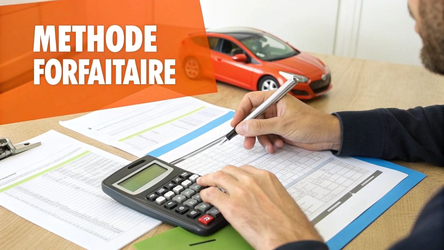 Professionnel calculant un avantage en nature véhicule avec documents et calculatrice sur bureau