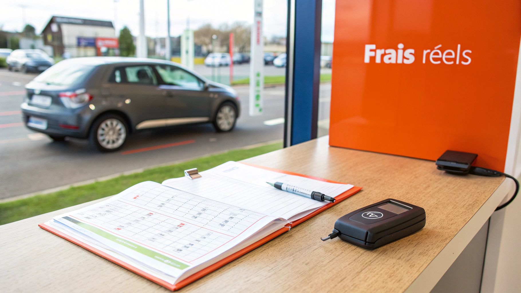 Bureau de concessionnaire automobile avec agenda, stylo et clés de voiture, véhicule visible en arrière-plan