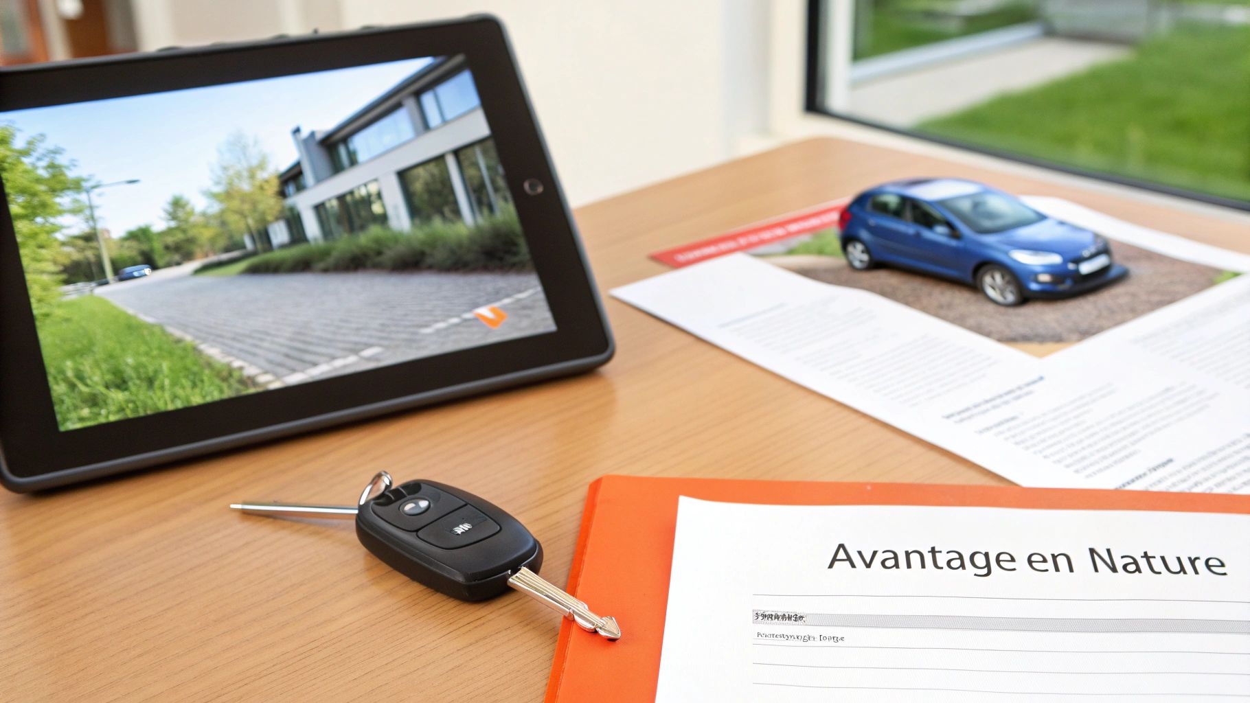 Clés de voiture, tablette et brochure sur le calcul de l'avantage en nature véhicule