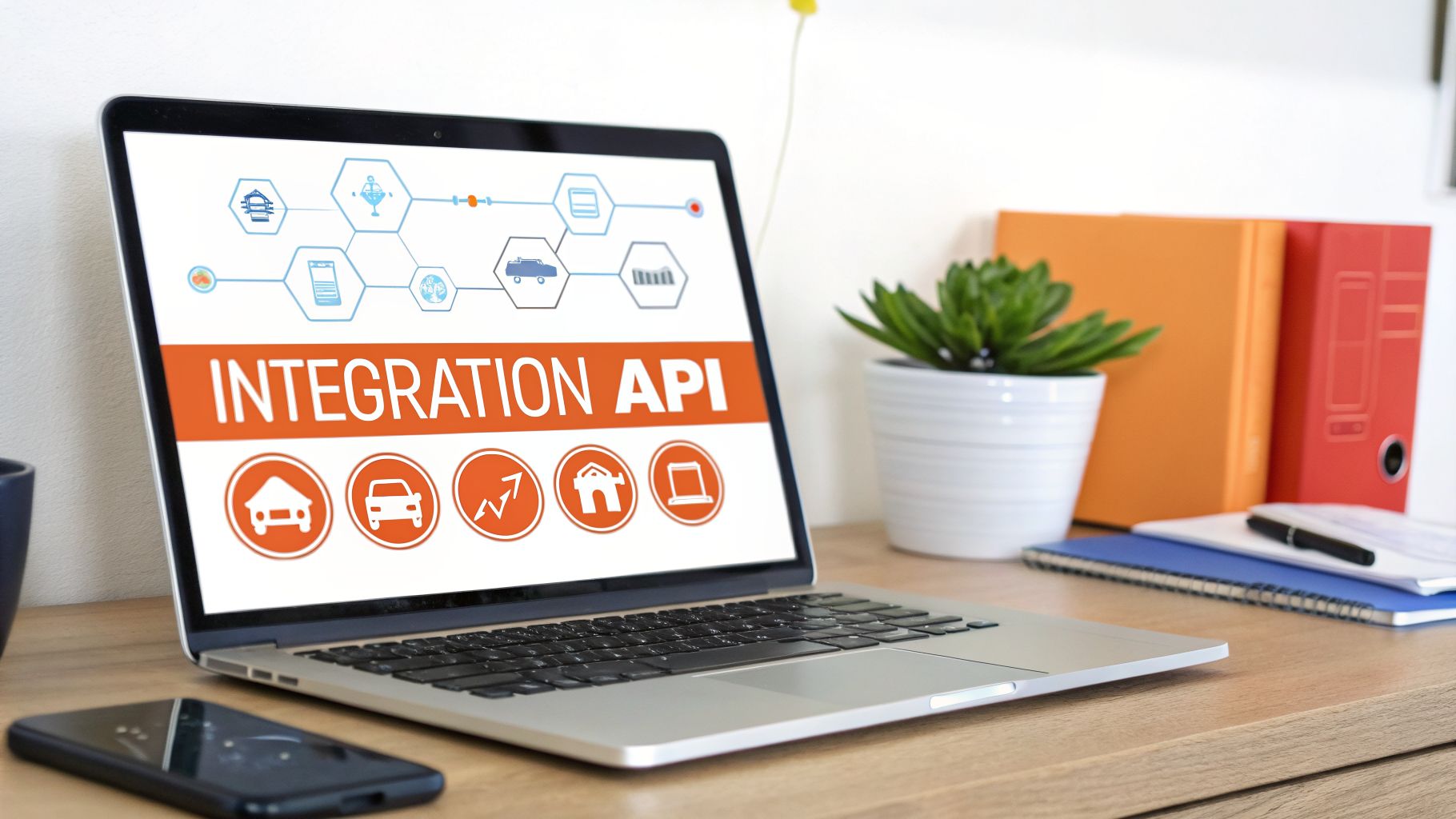 Un ordinateur portable sur un bureau en bois affichant "INTEGRATION API", avec des icônes d'intégration et une application mobile.