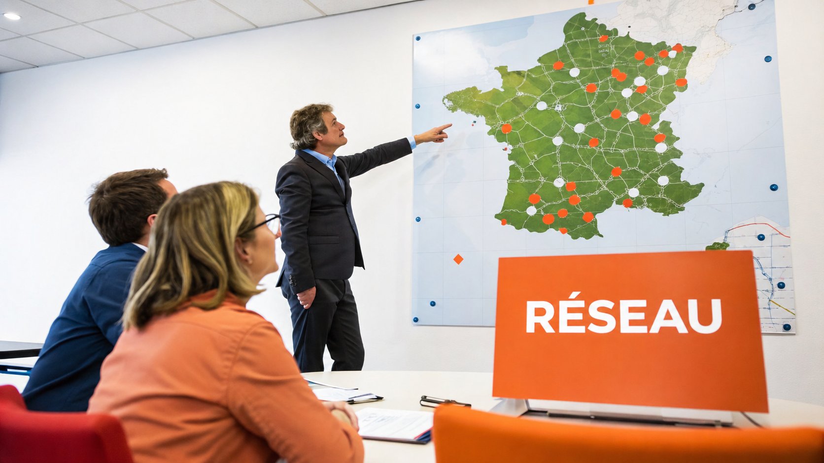 Trois personnes lors d'une réunion, un homme pointe une carte de France avec des points sur un mur, discutant du réseau.