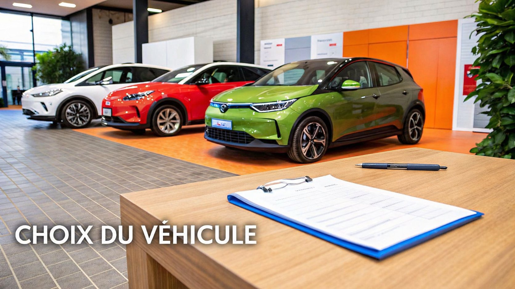 Trois voitures (blanche, rouge, verte) dans un showroom, avec un formulaire et un stylo sur un bureau. Texte: CHOIX DU VÉHICULE.