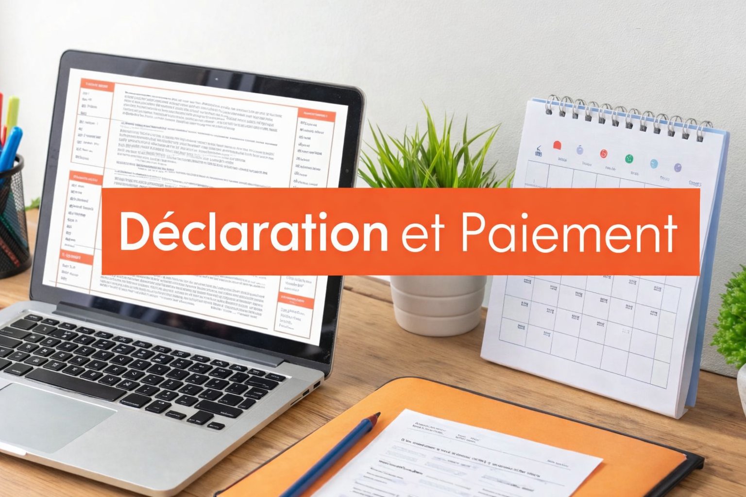 Un bureau avec un ordinateur portable, un calendrier et une bannière orange 'Déclaration et Paiement'.