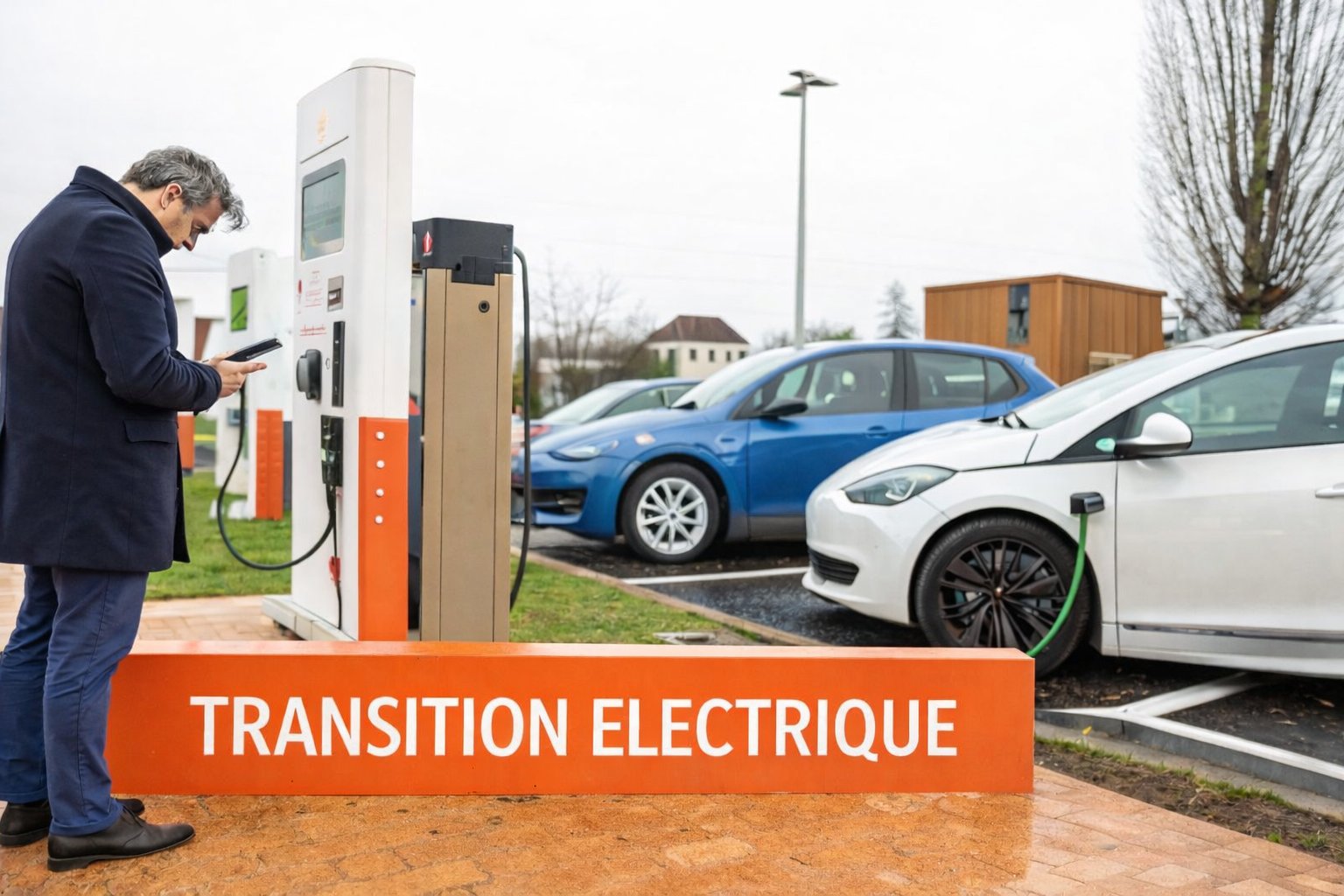 Un homme utilise son téléphone près de bornes de recharge pour véhicules électriques, avec des voitures garées.
