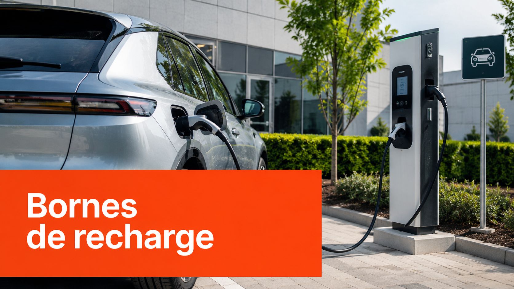 Une voiture électrique grise stationnée près d'une borne de recharge moderne sur un parking extérieur.