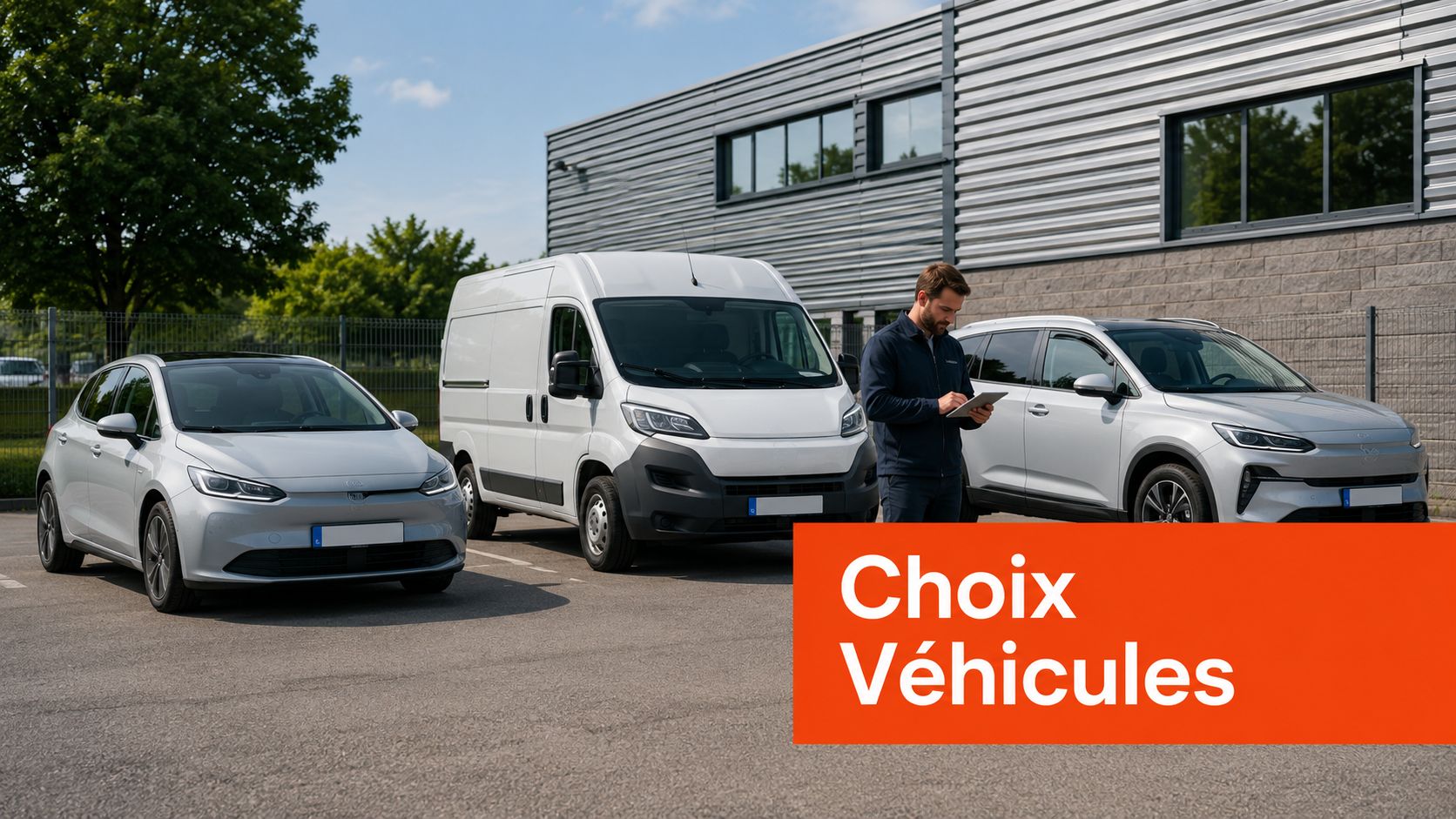 Un homme examine des véhicules électriques sur une tablette devant un entrepôt pour la gestion de flotte.