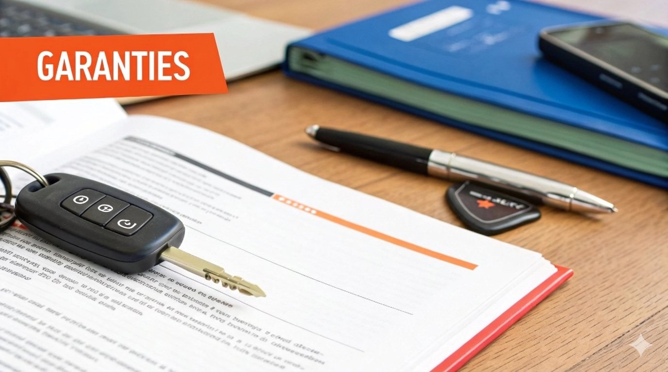 Clé de voiture sur un livre ouvert, stylo, dossier bleu, laptop et un téléphone avec le mot 'GARANTIES'.