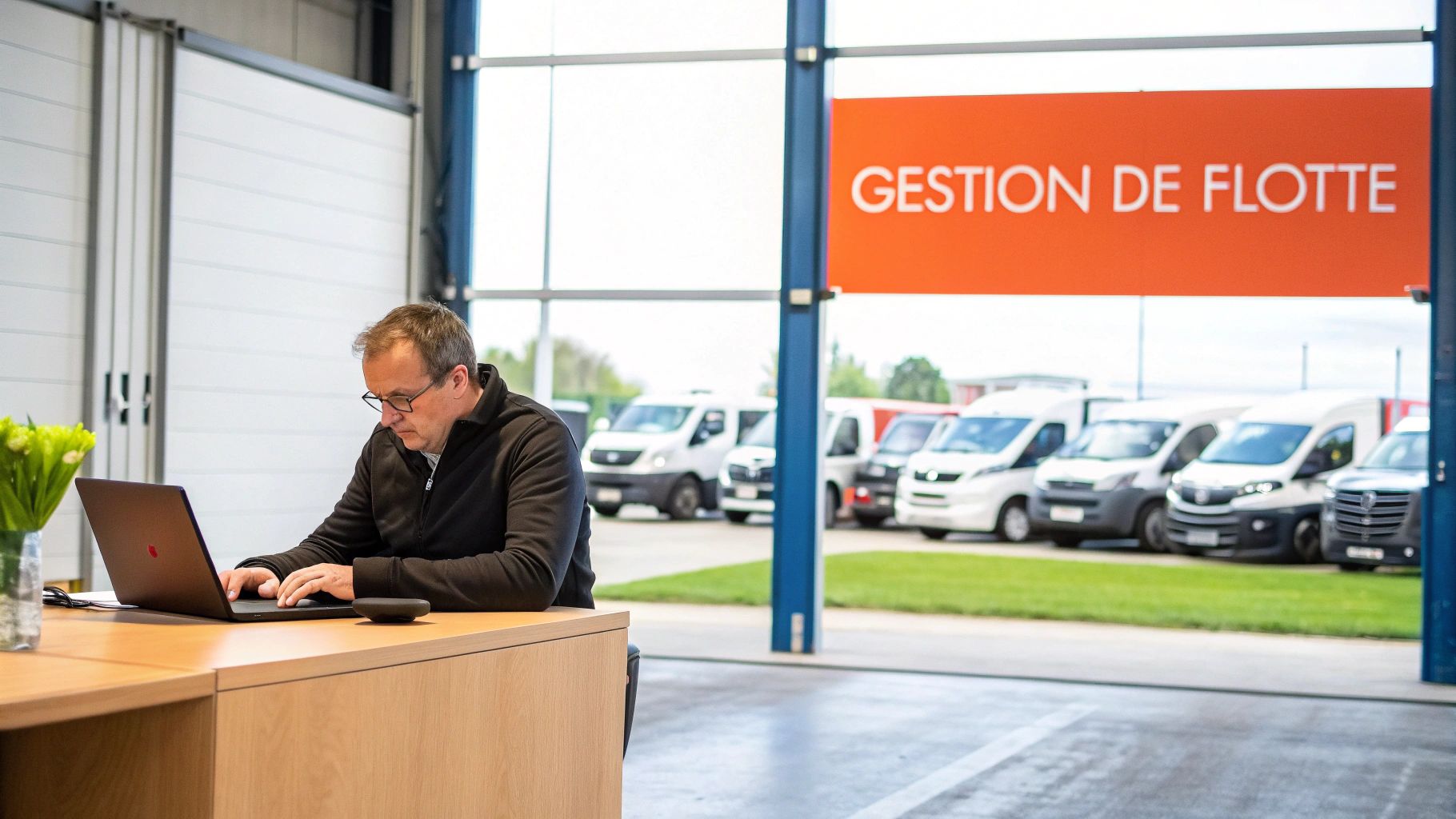 Gestionnaire travaillant sur ordinateur portable dans un bureau de gestion de flotte automobile