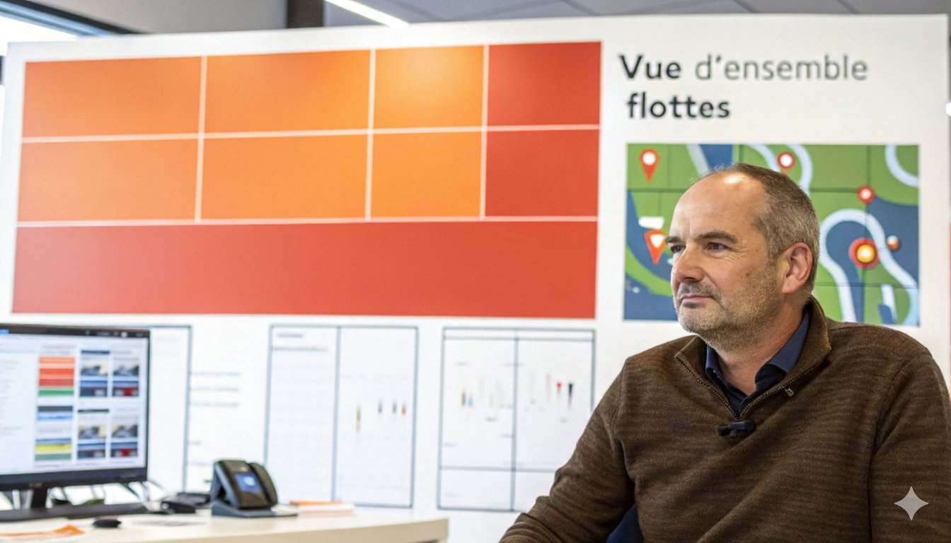 Un homme regarde vers la gauche, assis devant un écran de présentation "Vue d'ensemble flottes" et un bureau.