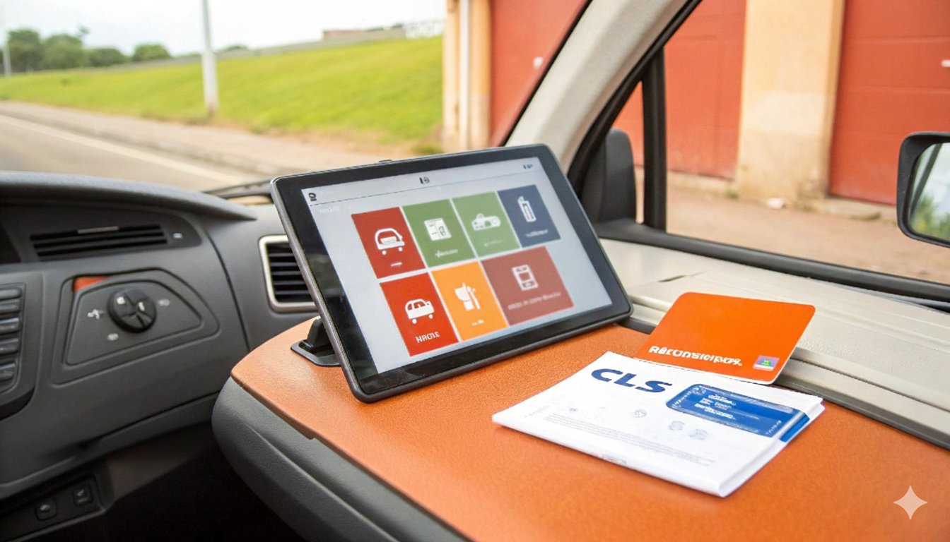 Tablette numérique dans l'habitacle d'une voiture, affichant une application de gestion, avec des documents à côté.
