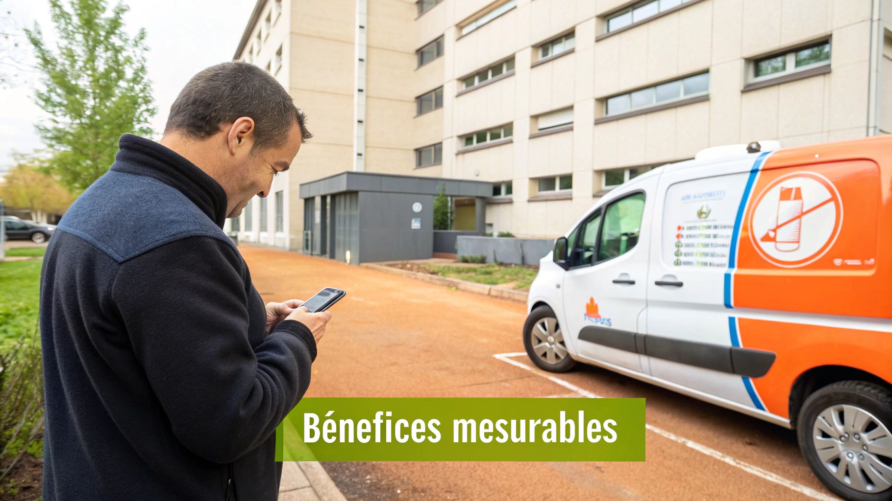 Gestionnaire vérifiant son smartphone devant un véhicule de flotte professionnel stationné, bénéfices mesurables du logiciel