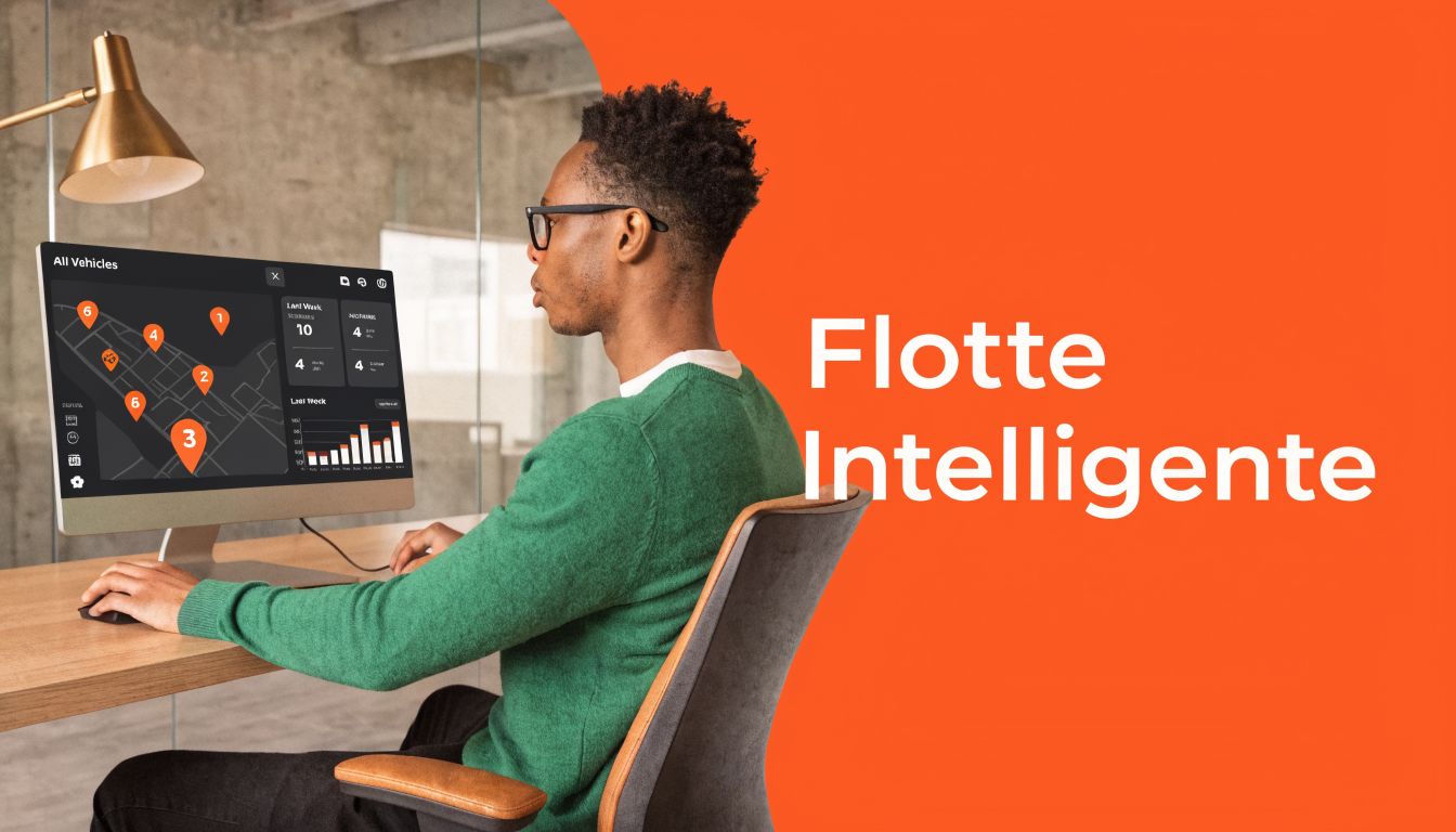 Un jeune homme portant des lunettes travaille sur un ordinateur affichant une interface de gestion de flotte.