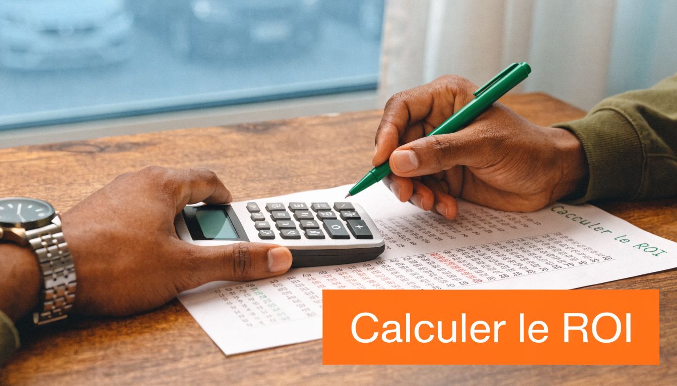 Une personne utilise une calculatrice et un stylo pour calculer le retour sur investissement sur un document