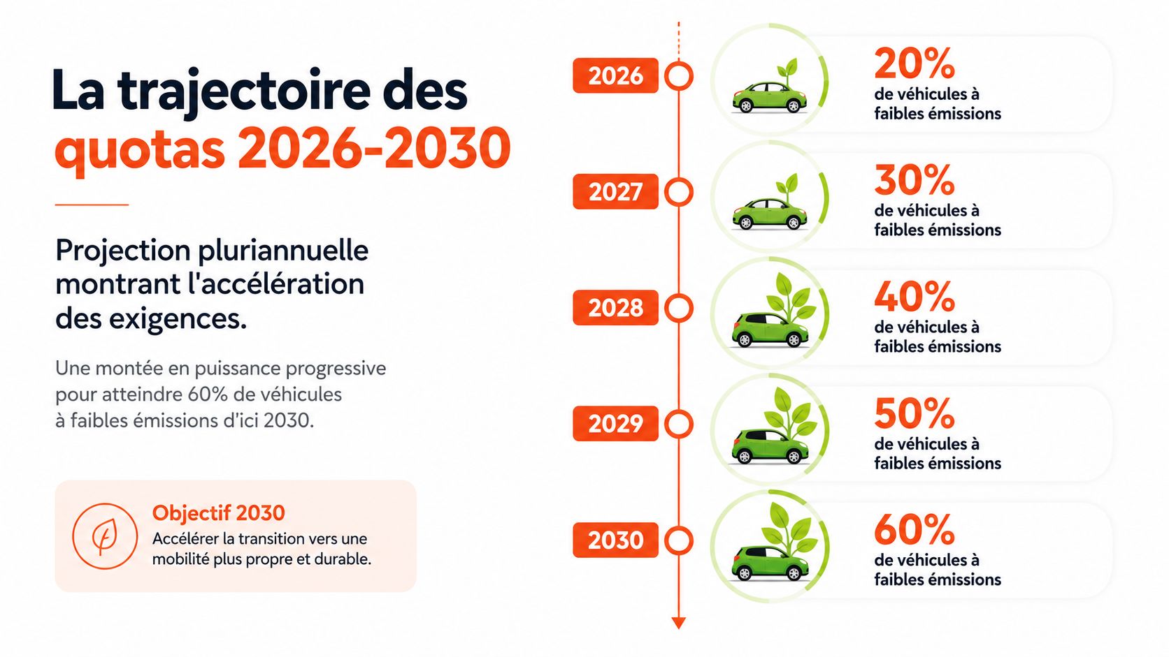 Infographie illustrant la progression des quotas de véhicules à faibles émissions de 2026 à 2030.