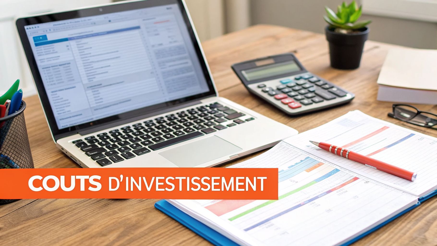 Un bureau avec un ordinateur portable, une calculatrice et des documents financiers, avec le texte "COÛTS D'INVESTISSEMENT".