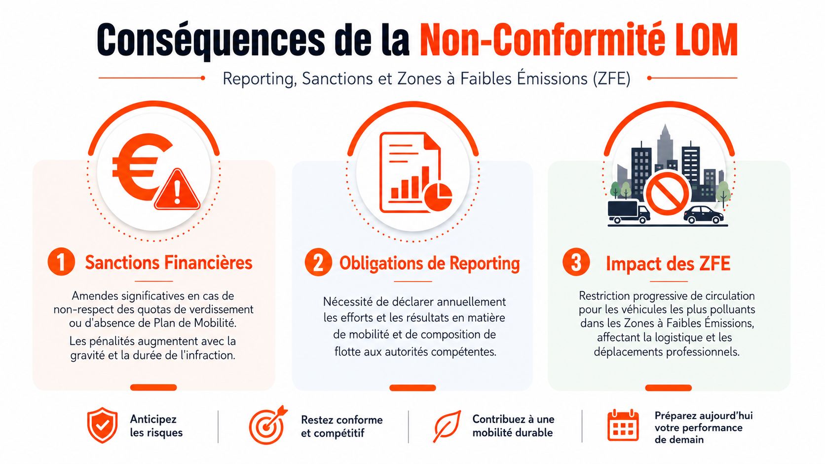 Infographie présentant les sanctions, le reporting et les zones à faibles émissions liés à la loi LOM.