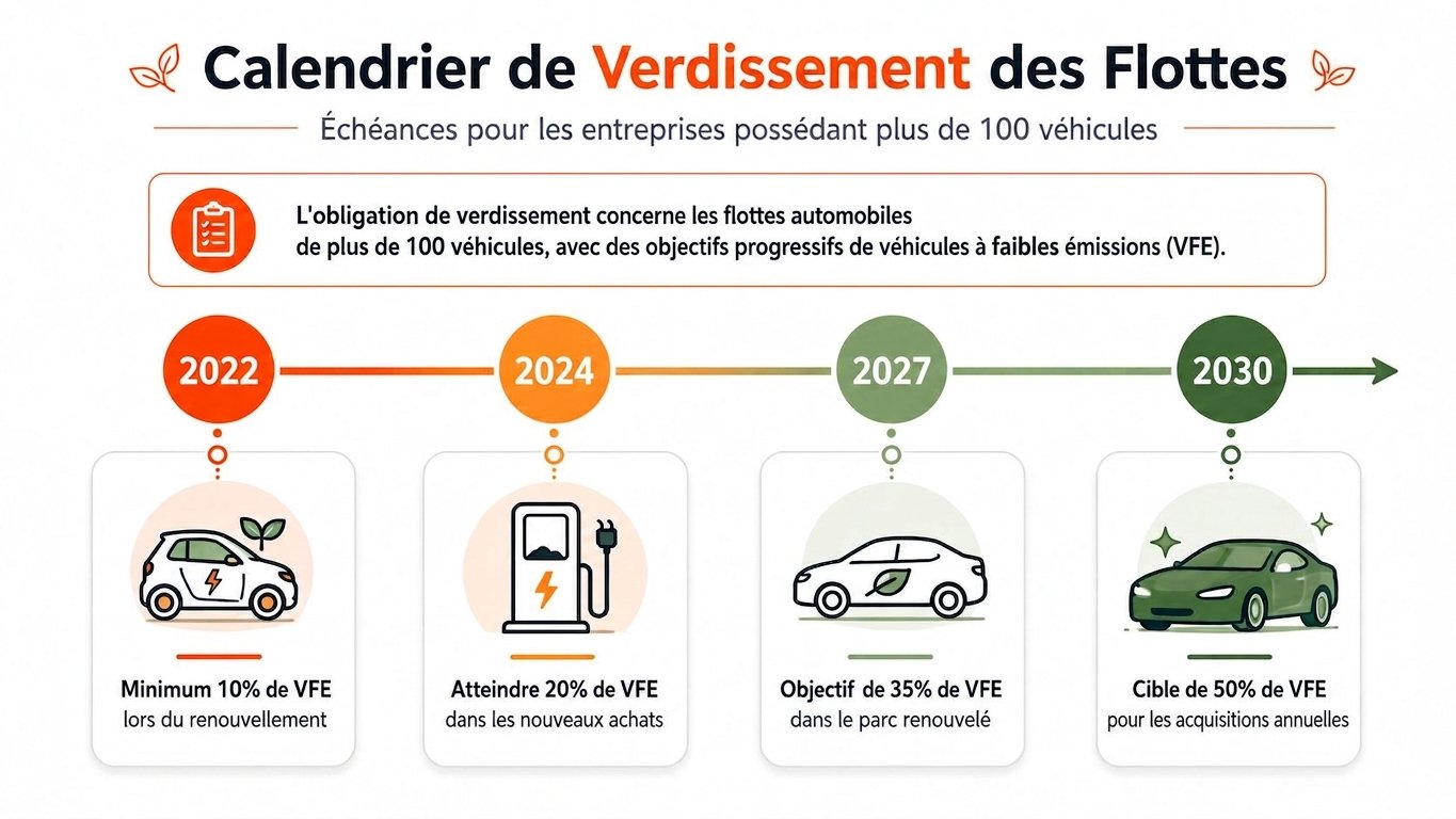 Infographie présentant le calendrier de verdissement des flottes automobiles et les objectifs VFE pour les entreprises.