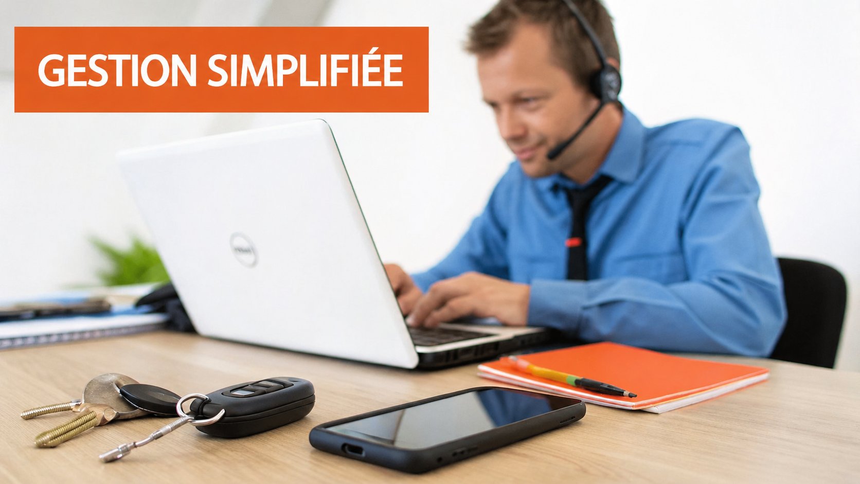 Homme en chemise bleue et casque travaillant sur ordinateur portable, avec des clés, un téléphone et un carnet sur son bureau. Bannière : GESTION SIMPLIFIÉE.