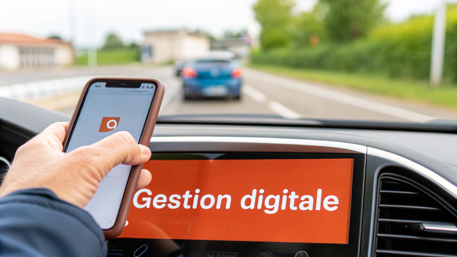 Main d'une personne dans une voiture utilisant un smartphone devant l'écran de bord affichant « Gestion digitale ».