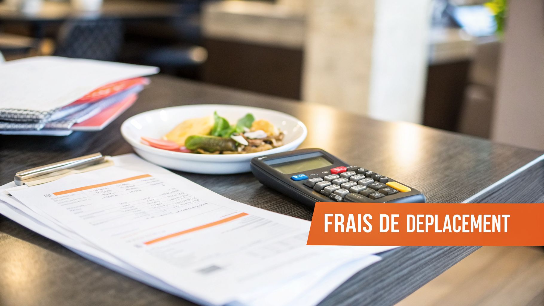Table avec un repas, une calculatrice et des documents, symbolisant la gestion des frais de déplacement.