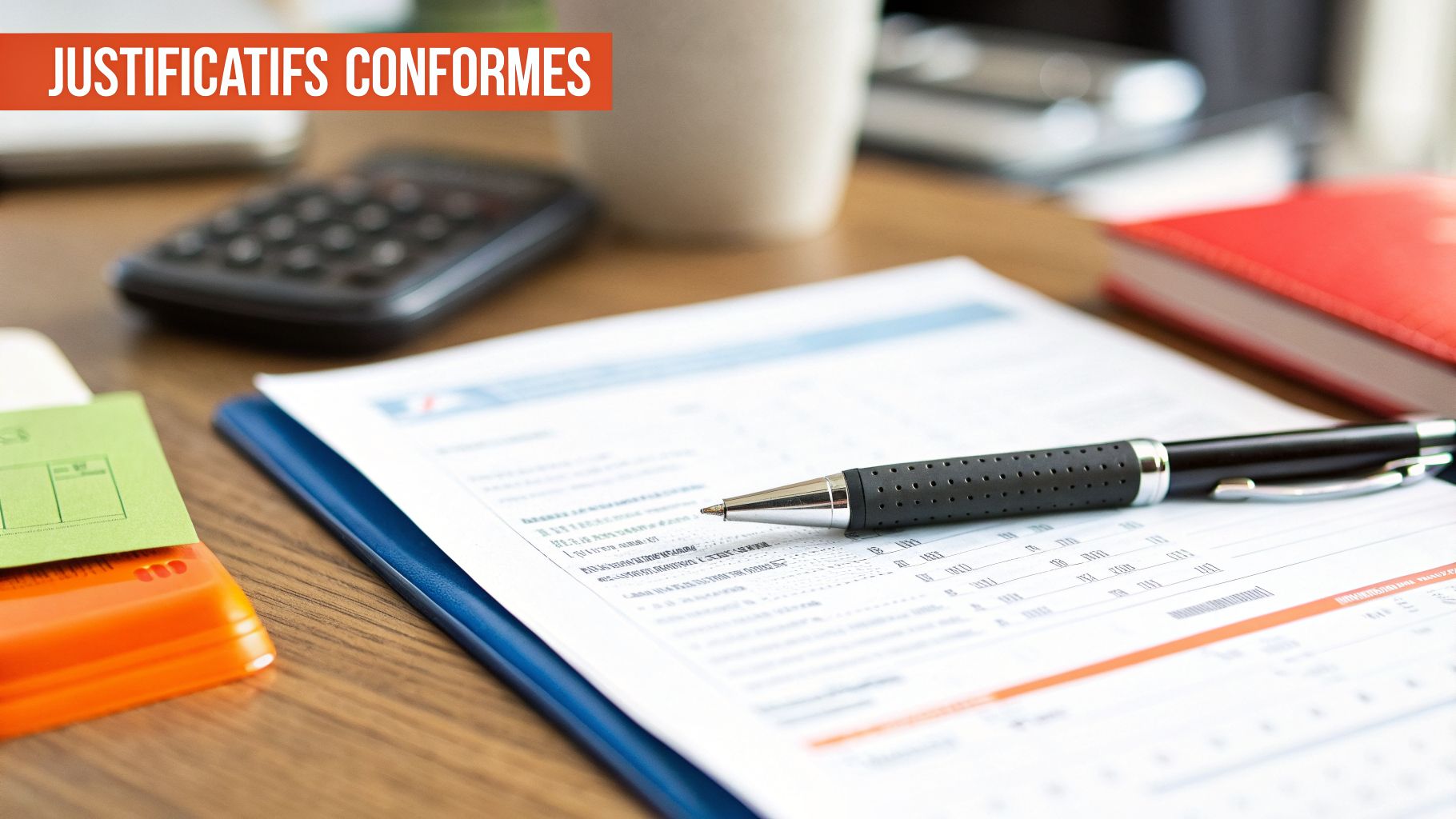Un bureau avec un document, un stylo, une calculatrice et le titre "JUSTIFICATIFS CONFORMES" en rouge, évoquant la conformité des justificatifs.
