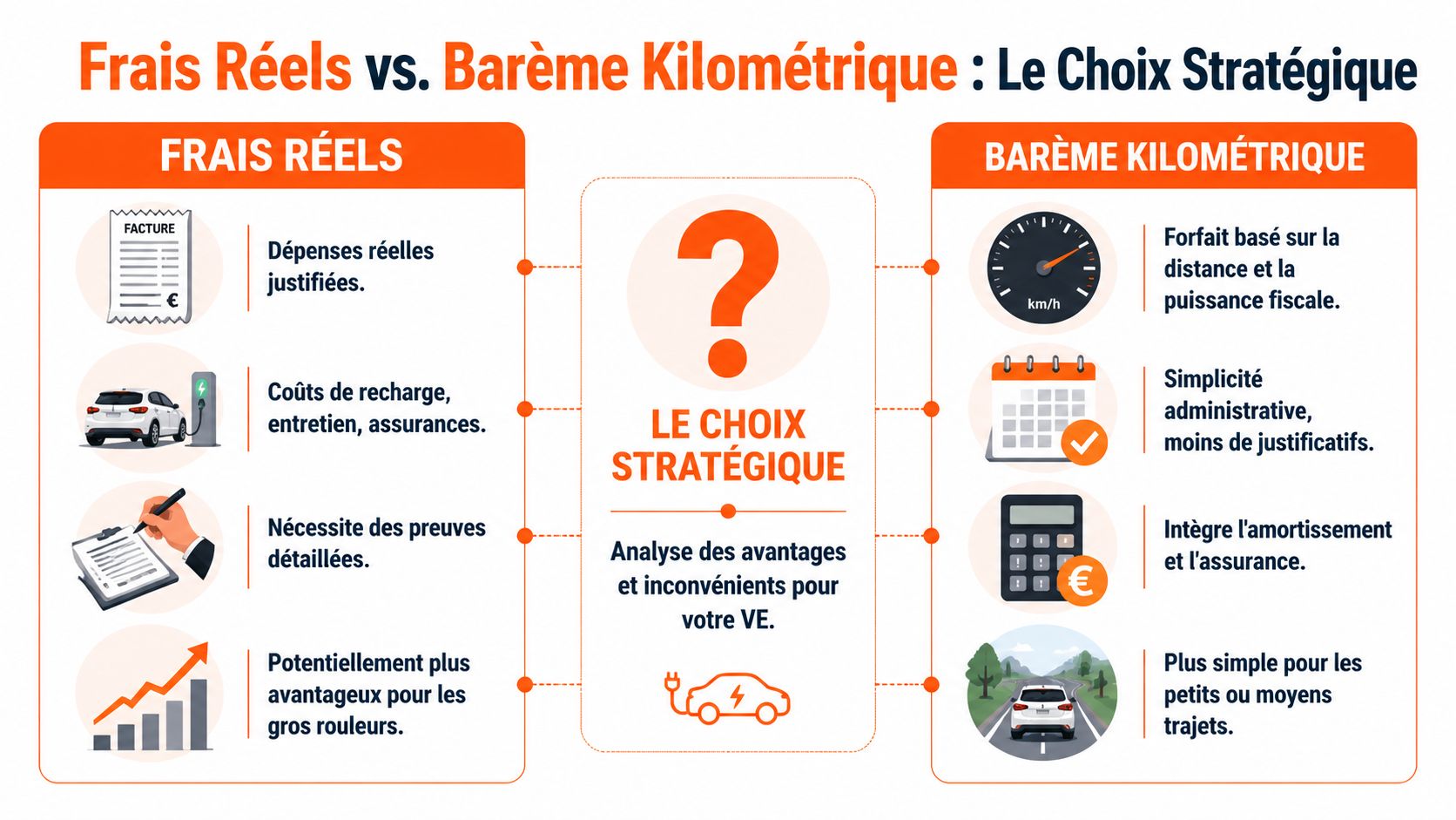 Comparaison entre les frais réels et le barème kilométrique pour optimiser la fiscalité d'une voiture électrique.