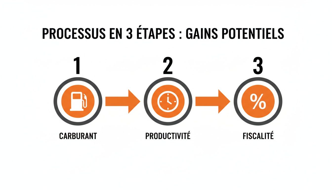 Infographie illustrant un processus en 3 étapes pour des gains potentiels : carburant, productivité et fiscalité.