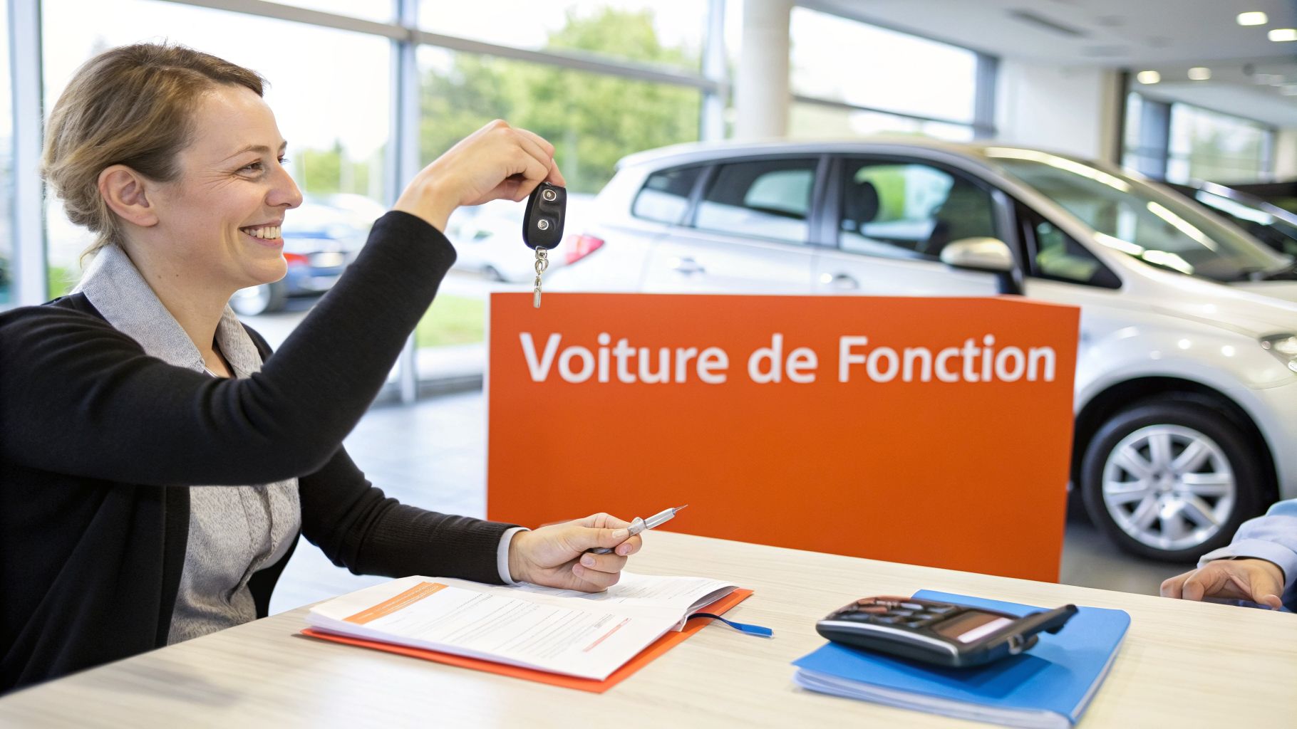 Une femme souriante présente les clés d'une voiture de fonction dans un concessionnaire automobile.