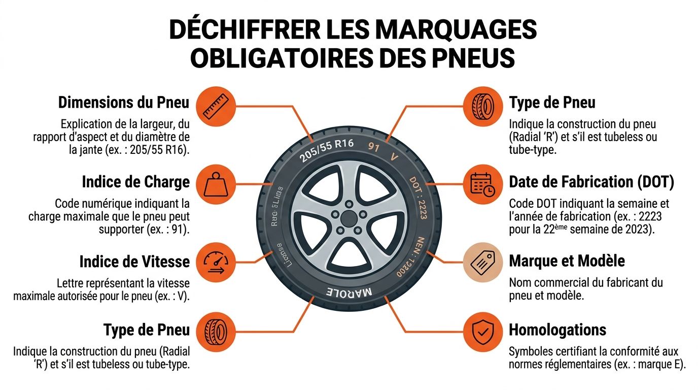 Infographie illustrant le déchiffrage des marquages obligatoires présents sur le flanc d'un pneu de voiture.