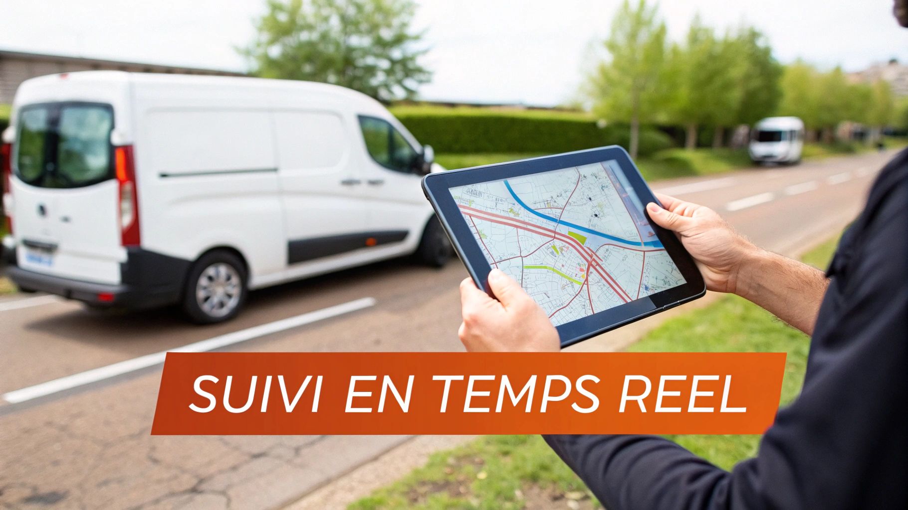 Personne tenant une tablette affichant une carte pour le suivi en temps réel d'un fourgon de livraison blanc sur la route.
