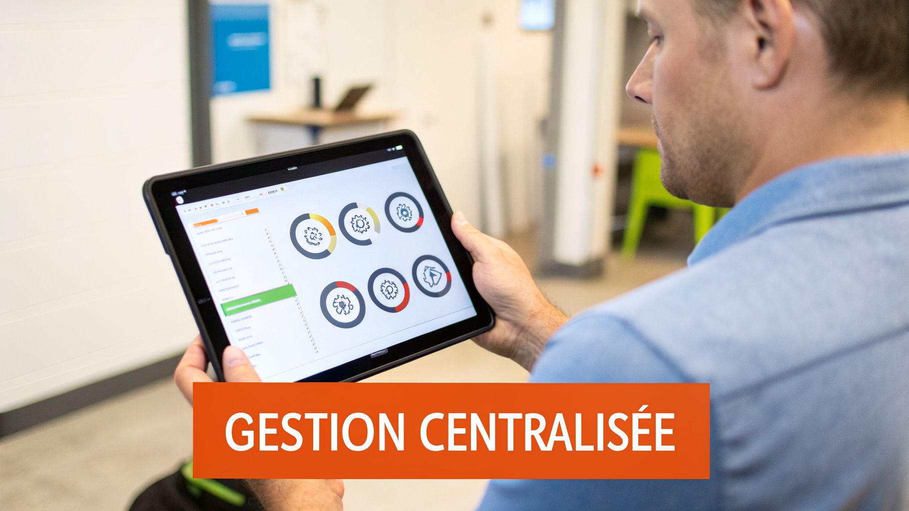 Homme utilisant une tablette affichant un tableau de bord de gestion centralisée avec des graphiques et des jauges. L'écran montre des icônes d'engrenages.
