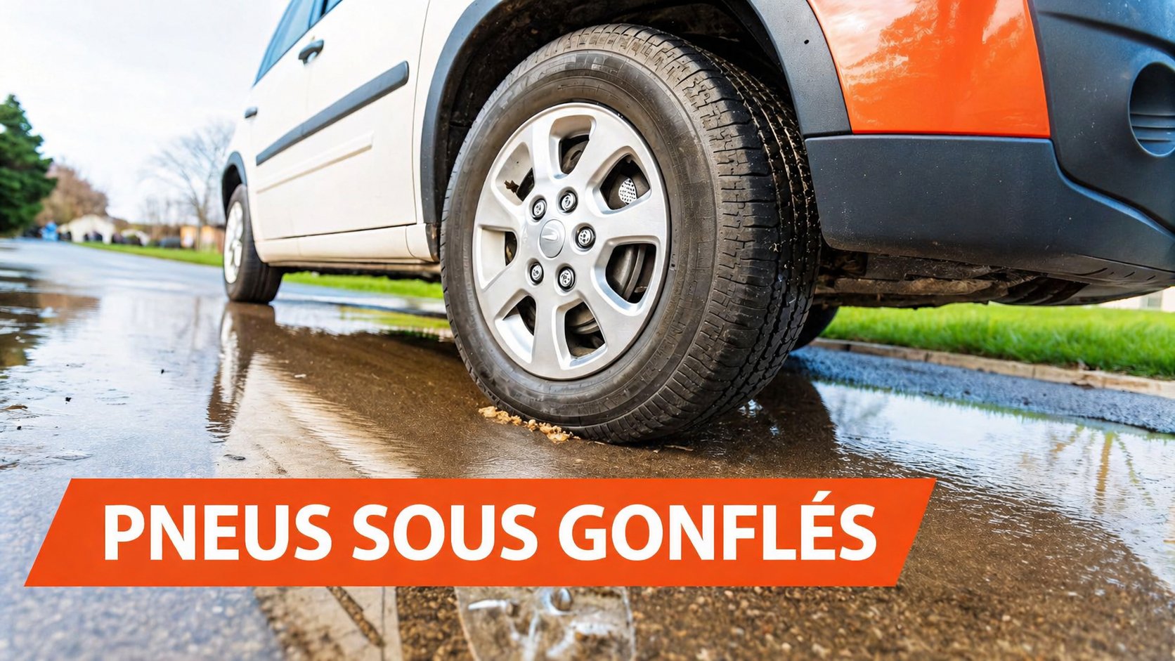 Une voiture blanche dont le pneu avant repose dans une flaque d'eau sur une route mouillée, avec le texte "Pneus Sous Gonflés".