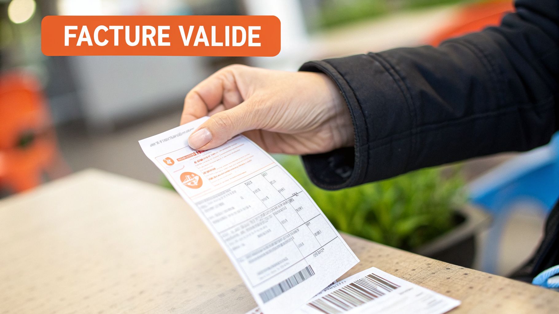 Une main tient une facture ou un reçu avec l'inscription 'FACTURE VALIDE', symbolisant la preuve d'achat.